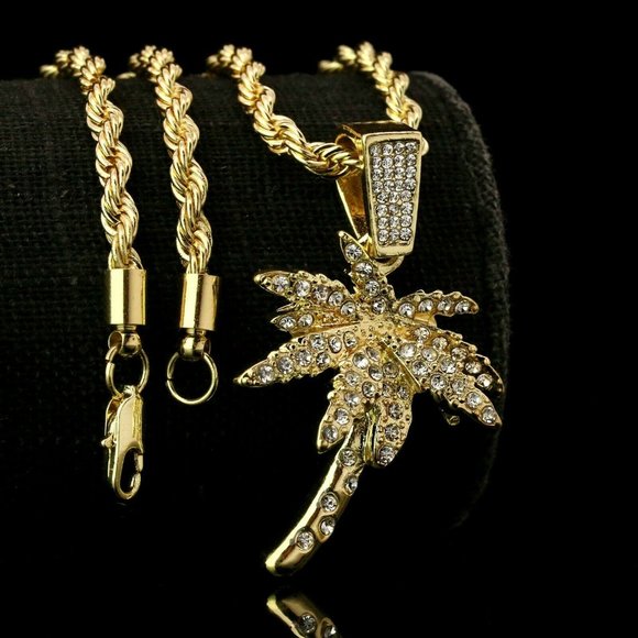 14k Gold Palm Tree 24" Rope Chain + Pendant - Picture 2 of 4